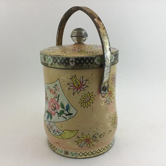 Floral Biscuit Tin With Handle Asian Style Tin Flowers and Butterflies Vintage - Picture 2 of 10